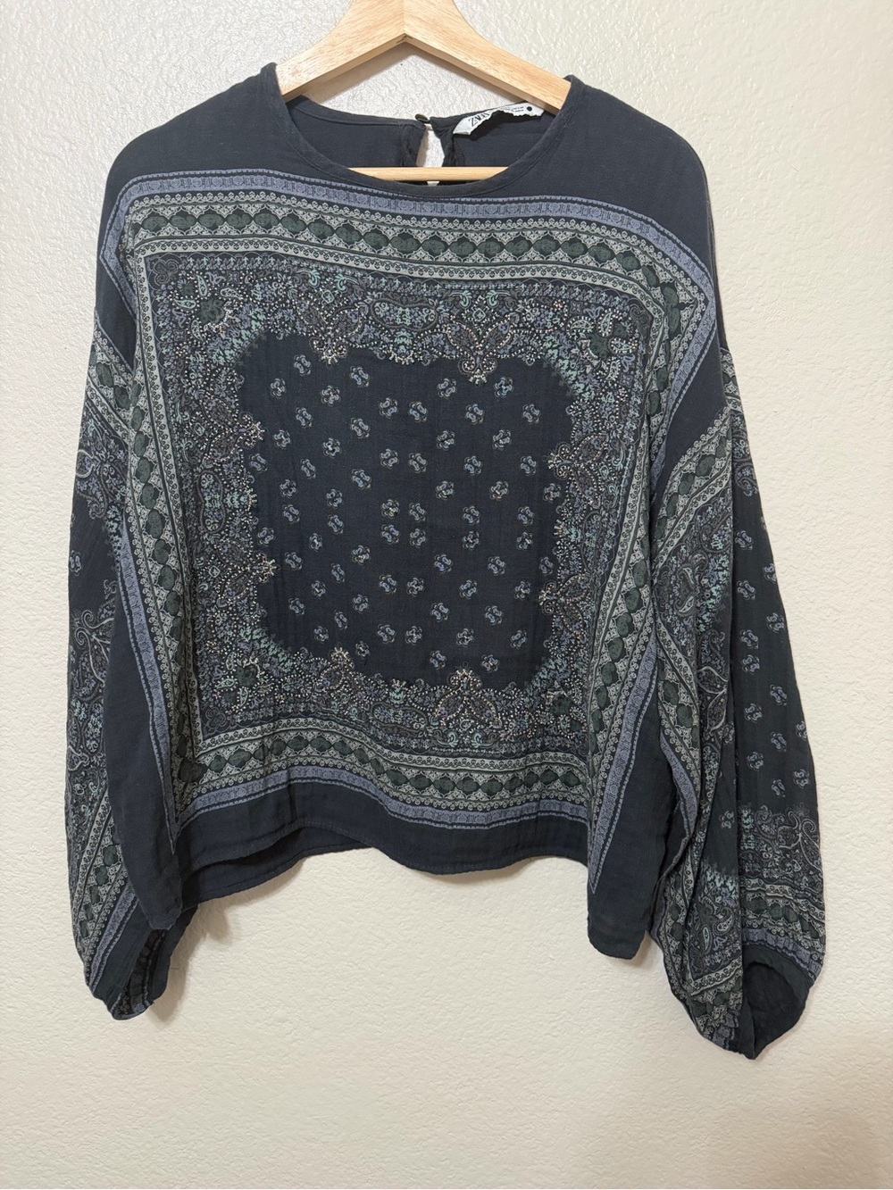 Zara Womens Navy Green Bandanna Paisley-Print Cotton Ballon Long-Sleeve Top L